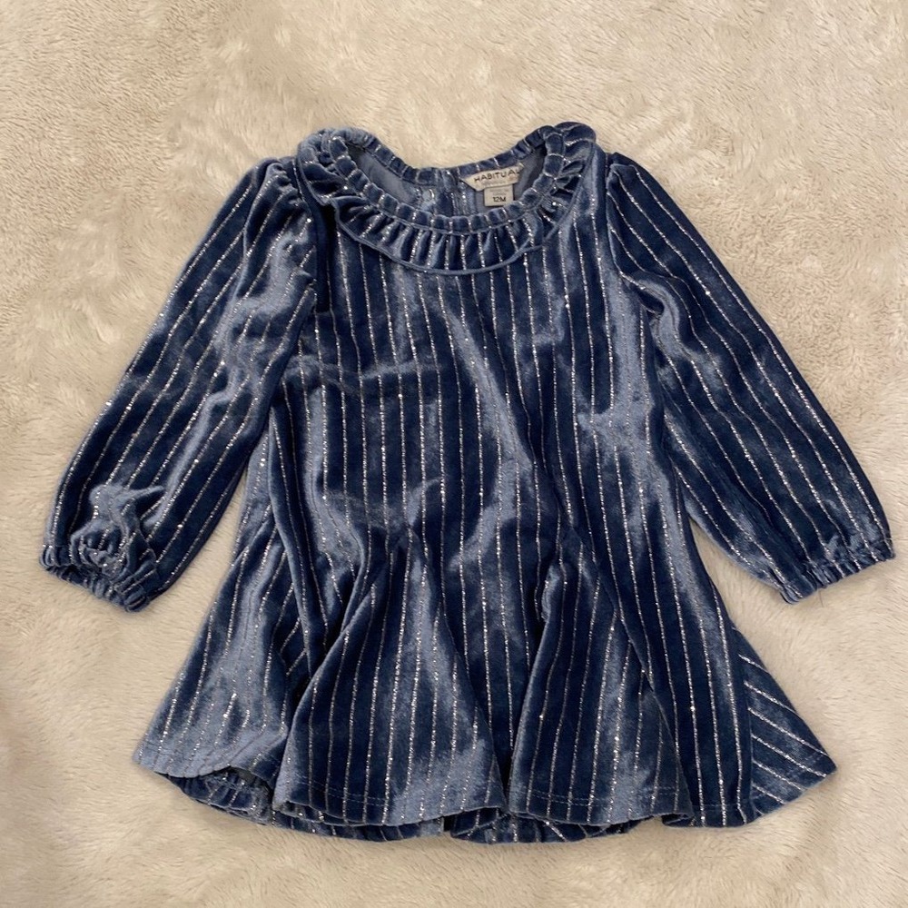 Habitual Girl Blue Silver Metallic Stripe Velvet Dress 12M Baby Holiday